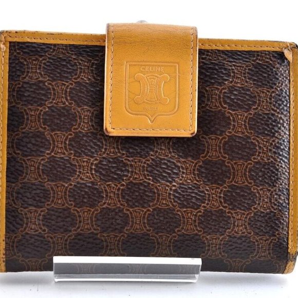 0404221 Celine Macadam Triomphe Clasp Bi-Fold Wallet Leather Brown Logo - Picture 1 of 10